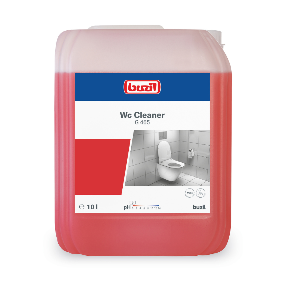 A large 10-liter container with Buzil WC Cleaner G 465 Viscous Sanitary Basic Cleaner from BUZIL-WERK Wagner GmbH & Co. KG contains a red liquid that is perfect for removing lime and urine scale. The label includes the product name, a description, pH information, and a grayscale image of a toilet.