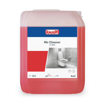 A large 10-liter container with Buzil WC Cleaner G 465 Viscous Sanitary Basic Cleaner from BUZIL-WERK Wagner GmbH & Co. KG contains a red liquid that is perfect for removing lime and urine scale. The label includes the product name, a description, pH information, and a grayscale image of a toilet.