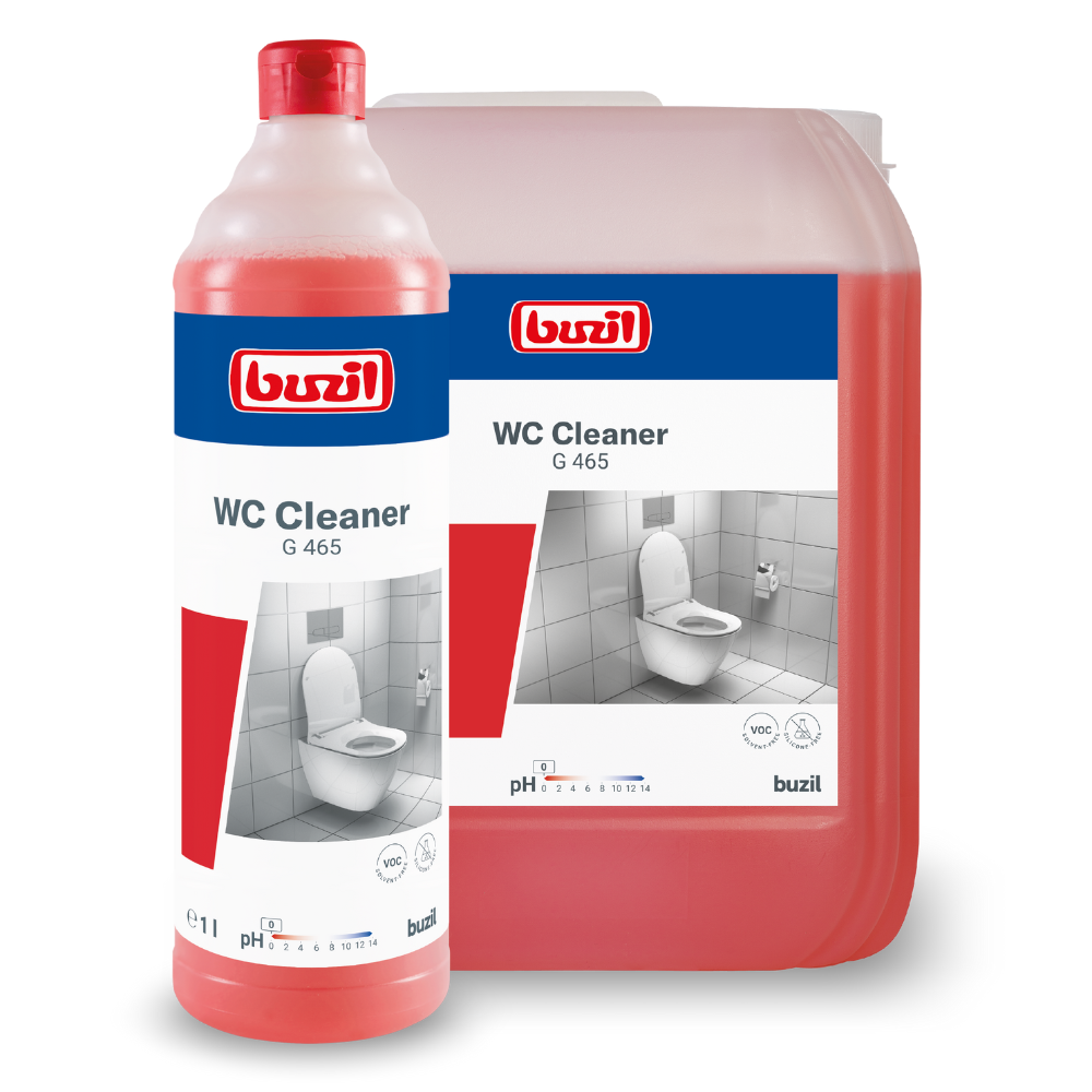 Displayed are two containers with Buzil WC Cleaner G 465 Viscous Sanitary Basic Cleaner from BUZIL-WERK Wagner GmbH & Co. KG; a smaller bottle is in front of a larger jug. Both containers contain a red liquid and are labeled with a toilet image, the product name G 465, and pH information. This viscous sanitary basic cleaner is excellent for removing lime and urine scale in toilets.