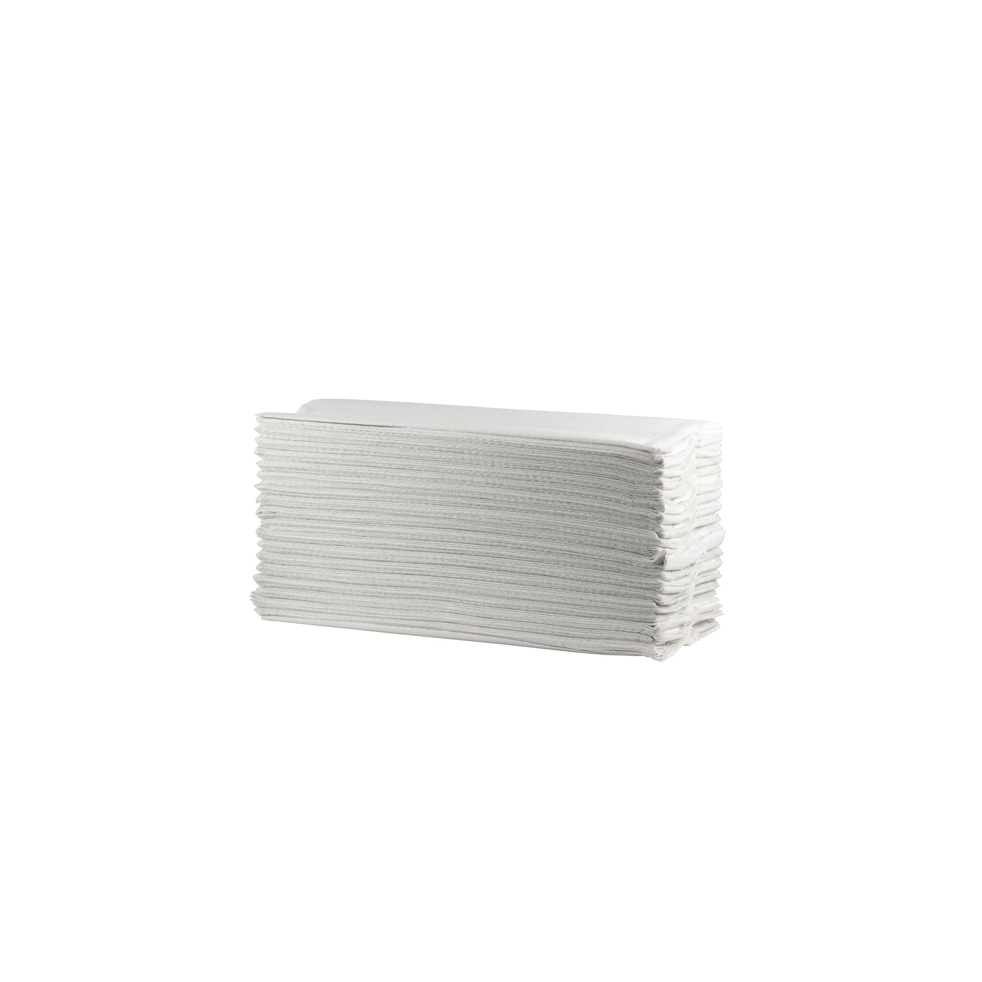 Ein Karton (20 Packungen) CWS Faltpapier Frotee extra, C-Falz, 2-lagig aus weißem Recycling-Papier ist ordentlich vor einem einfarbig weißen Hintergrund angeordnet.