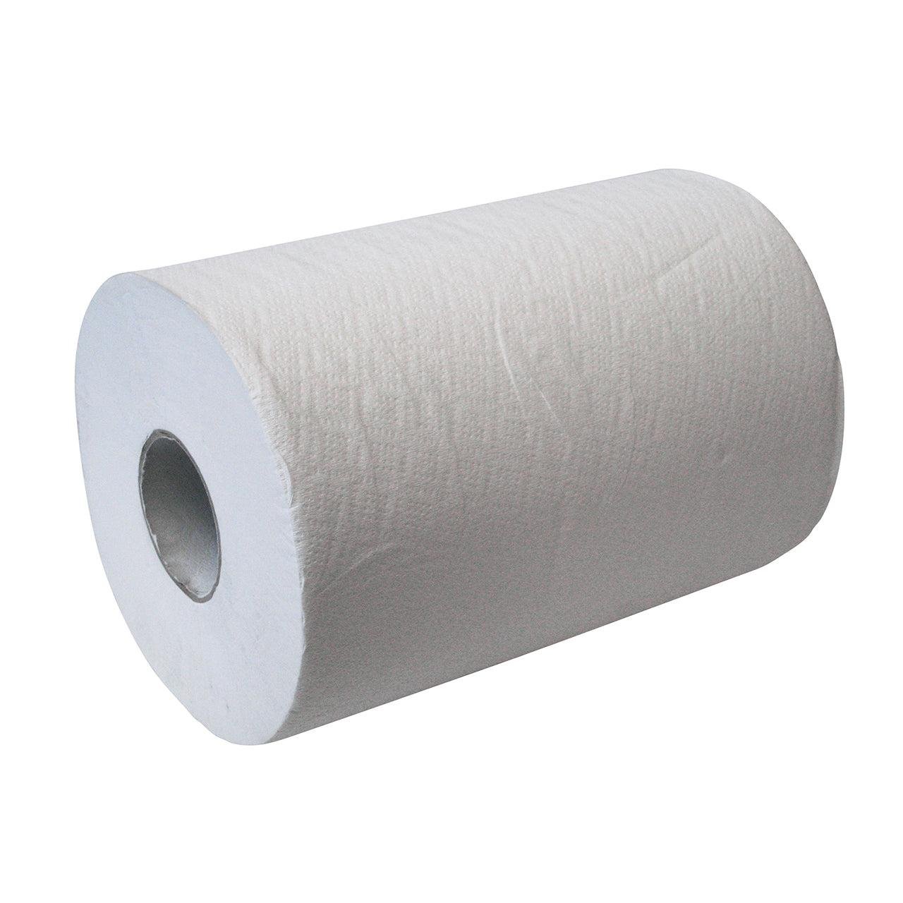 The CWS paper towel rolls 2-ply, high white unperforated from CWS have a visible gray cardboard sleeve and are ideal for hygienic hand drying, presented against a plain white background.
