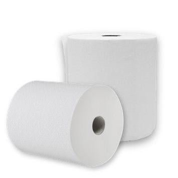 Two CWS paper towel rolls 2-ply, high white unperforated are depicted on a white background - one upright, one horizontal - showing their cylindrical shape and their suitability for hygienic hand drying.