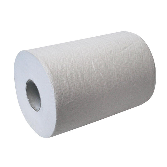 Eine große weiße CWS Papierhandtuchrolle 3lagig, unperforiert mit einer sichtbaren Papphülse in der Mitte, abgebildet vor einem schlichten weißen Hintergrund.