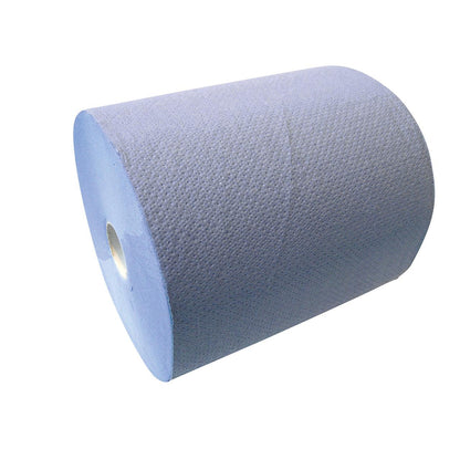 A large, unpacked CWS paper towel roll, 3-ply, unperforated from CWS stands diagonally on a white background and has a textured blue surface.
