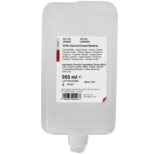 CWS Seifencreme 950 ml von CWS ist ein Nachfüllbeutel mit Bodenausguss. Das Etikett auf der Vorderseite bietet Produktinformationen, Hinweise und Inhaltsstoffe in mehreren Sprachen für ein angenehmes Hautgefühl.