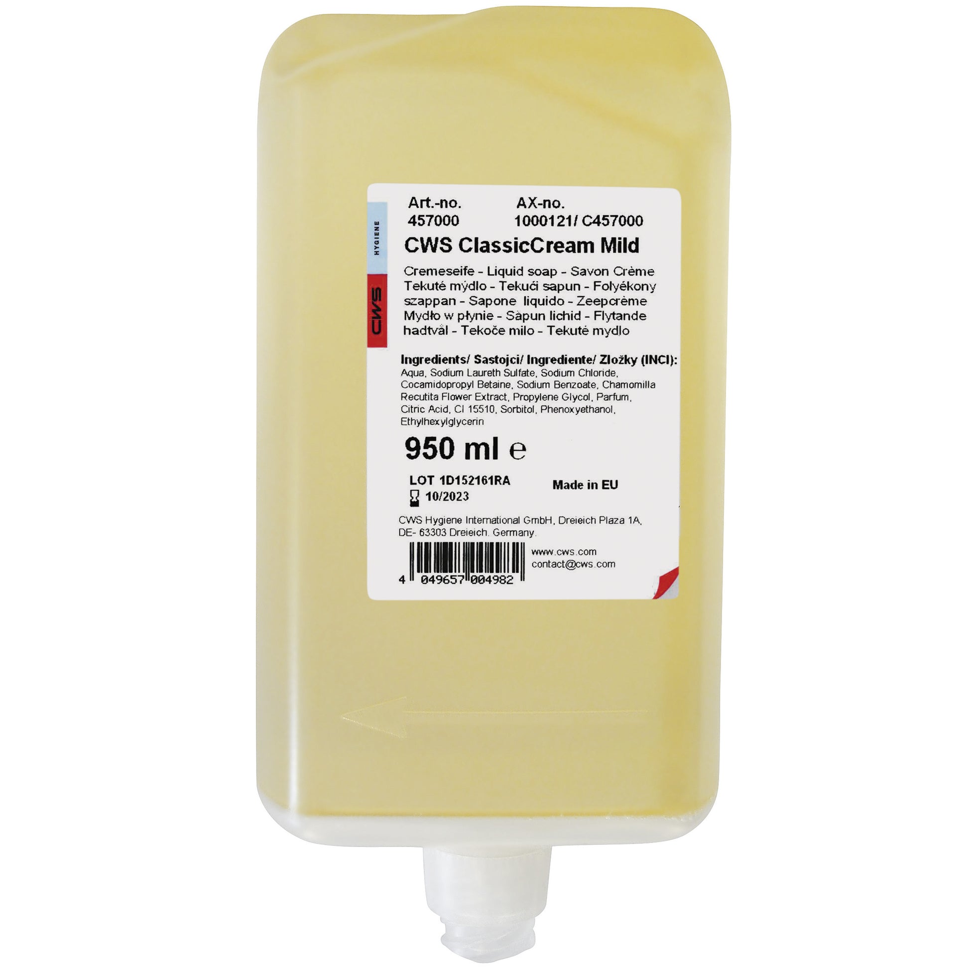 Ein rechteckiger Nachfüllbehälter von CWS Seifencreme 950 ml von CWS, mit einer gelblichen Creme. Auf dem Etikett sind Produktdetails, Inhaltsstoffe, Barcode und Herstellerinformationen für ein angenehmes Hautgefühl aufgeführt.