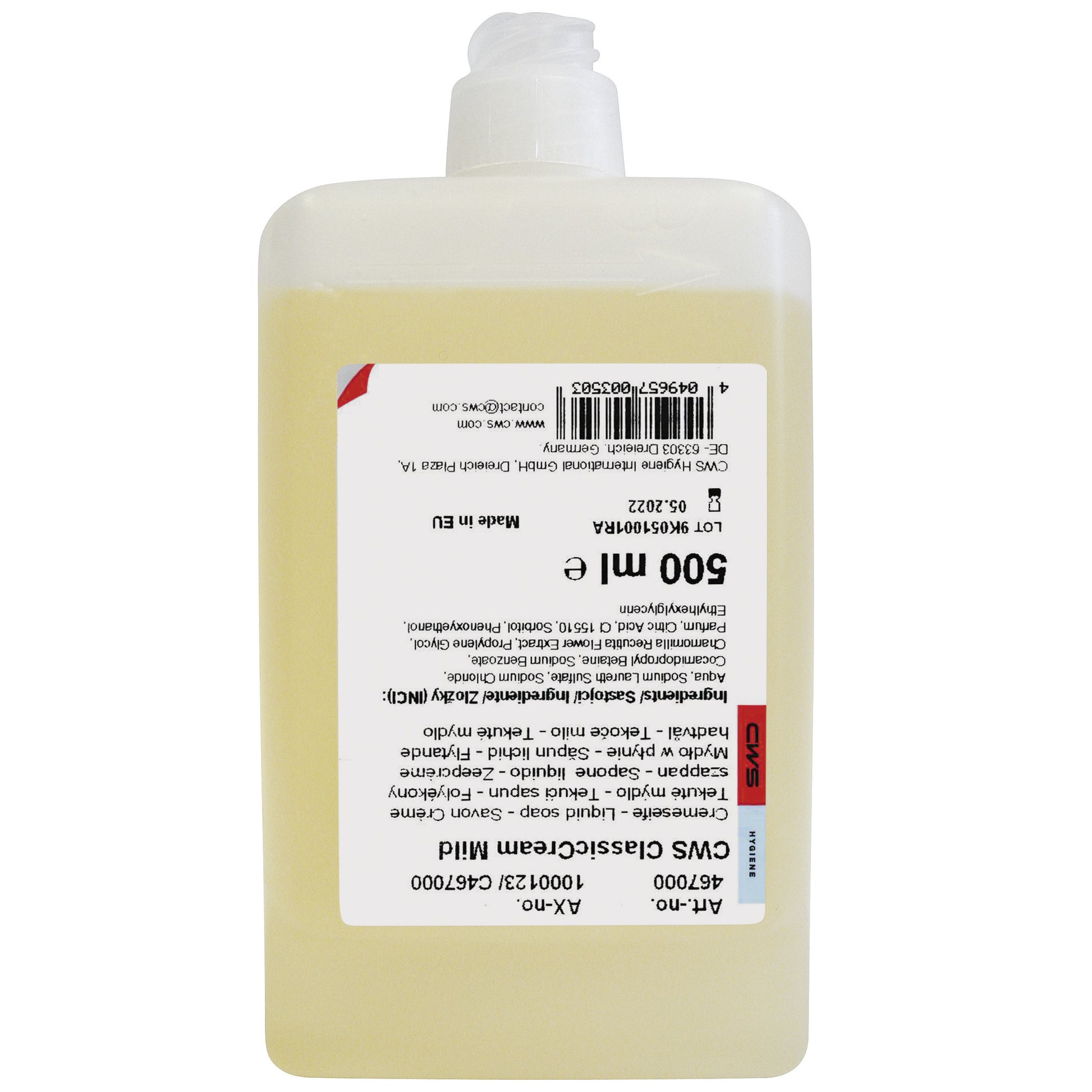Eine klare Kunststoffflasche mit weißem Flip-Top-Verschluss enthält eine gelbliche Flüssigseife. Das umgedrehte Etikett trägt die Aufschrift "CWS Seifencreme Standard 500 ml" von CWS und zeigt Produktdetails sowie einen Barcode.