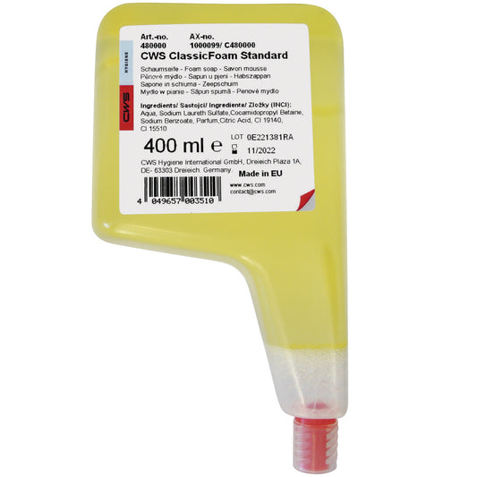 Eine gelbe 400 ml Nachfüllkartusche CWS Seifenschaum Schaumkonzentrat Standard mit roter Kappe und weißem Etikett, auf dem Produktdetails, Inhaltsstoffe, Barcode und Herstellungsinformationen angegeben sind. Dermatologisch als hautverträglich getestet. Marke: CWS.