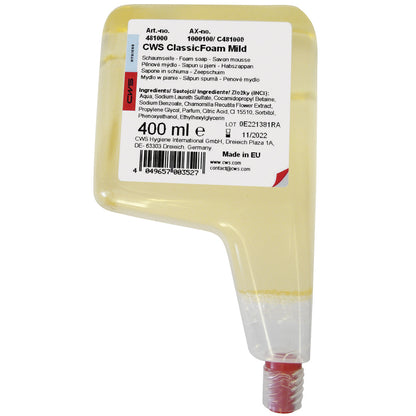 A 400 ml refill container made of transparent plastic for CWS soap foam concentrate standard with a red bottom closure. The multilingual label provides information on ingredients and product information. Brand: CWS.