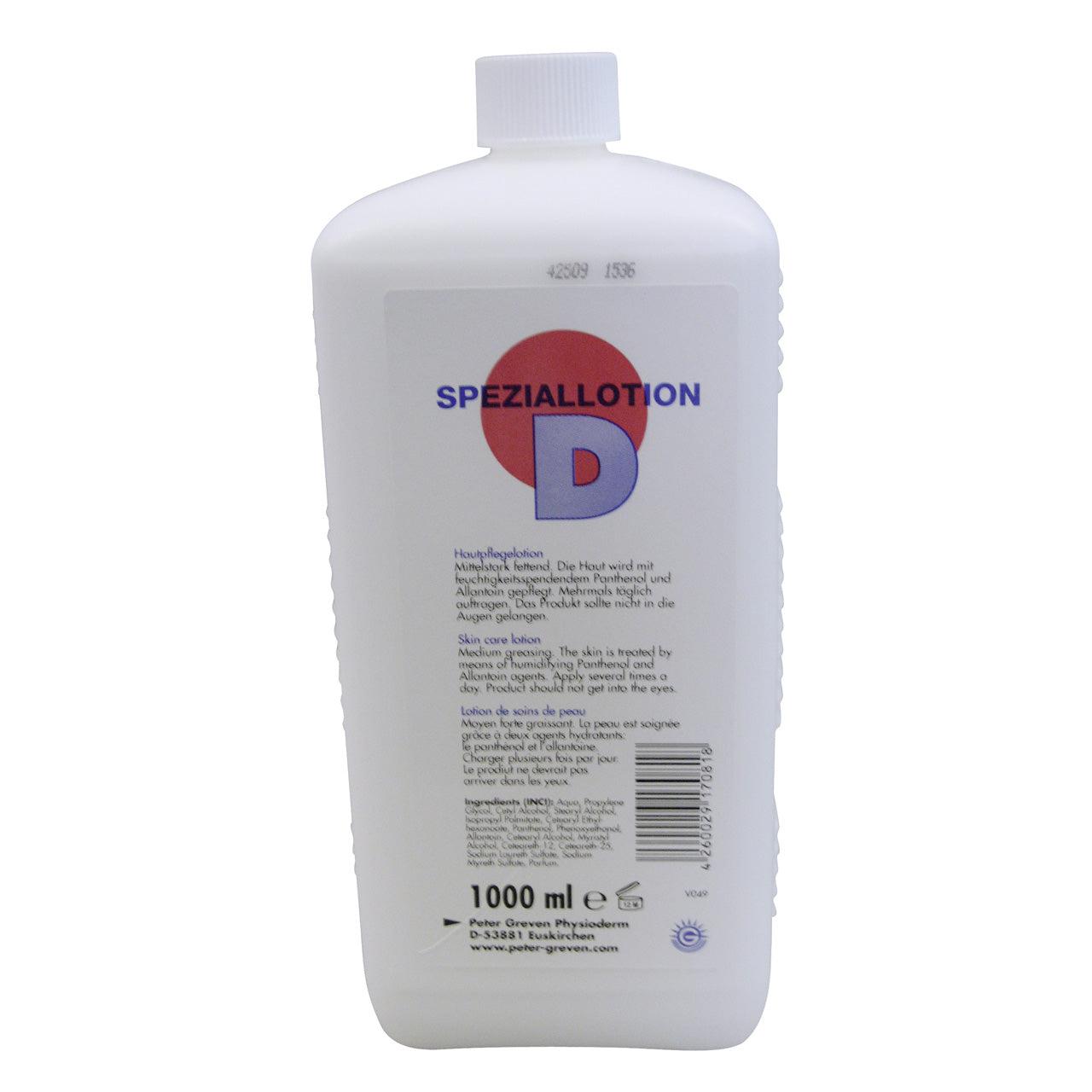 A white 1000 ml CWS hand wash lotion chloride-free bottle stands upright. The label on the front shows a red circle with a blue "D" and contains German, English, and French text for hygienic hand cleaning.