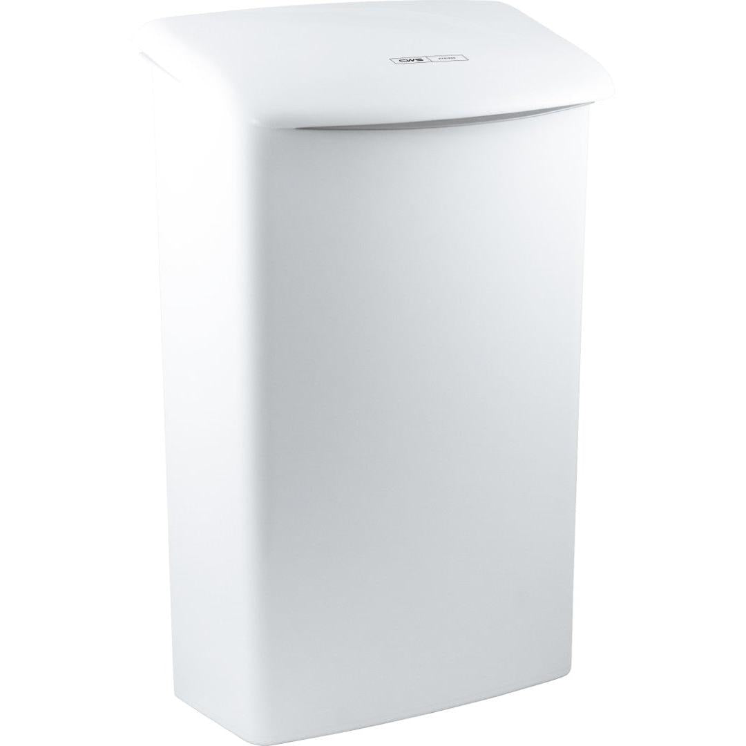 Der CWS ParadiseLine Hygienebehälter Touch ist ein rechteckiger, weißer, wandmontierter Hygienebehälter mit gewölbtem Deckel und dezentem Etikett, der eine hygienische Abfallentsorgung in jeder Toilette ermöglicht.