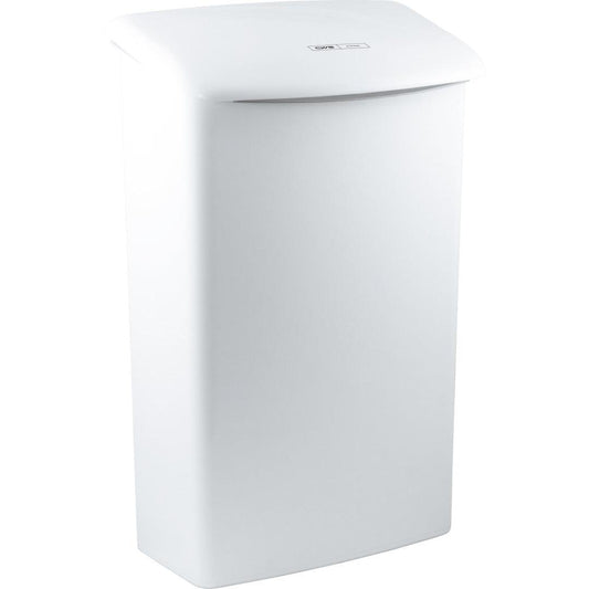 Der CWS ParadiseLine Hygienebehälter Touch ist ein rechteckiger, weißer, wandmontierter Hygienebehälter mit gewölbtem Deckel und dezentem Etikett, der eine hygienische Abfallentsorgung in jeder Toilette ermöglicht.