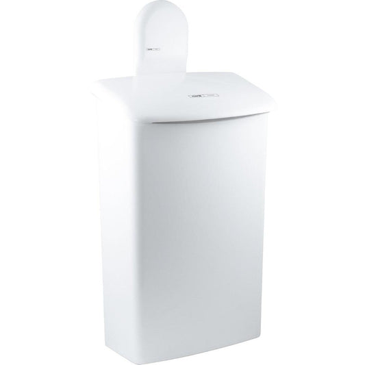 Die CWS ParadiseLine Wandhalterung zu Hygienebox 575000 ist ein weißer, rechteckiger Wandabfalleimer für den Innenbereich mit gewölbtem Deckel und glatter Oberfläche, der von CWS für eine sichere Montage konzipiert wurde.
