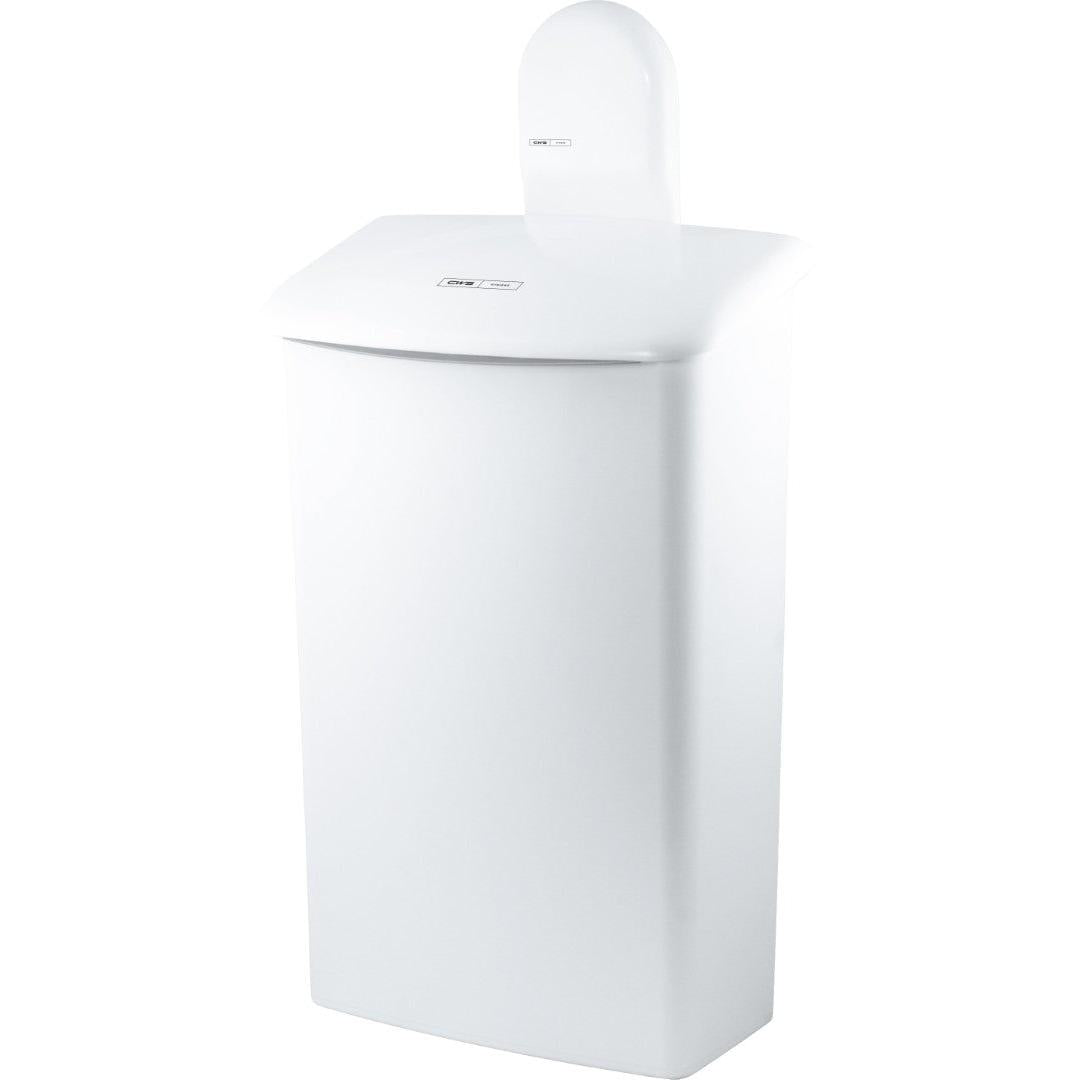 Die CWS ParadiseLine Wandhalterung zu Hygienebox 575000 ist ein weißer, rechteckiger Badabfallbehälter mit gewölbtem Deckel, kleinem Frontetikett und modernem Wanddesign.
