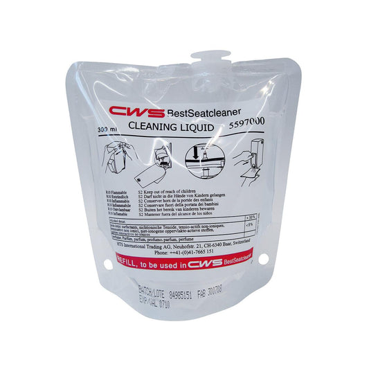 Der CWS Flüssig-Sitzreiniger | 1 Stück ist ein klarer Kunststoffbeutel mit 300 ml Inhalt von CWS, der für den hygienischen Gebrauch gekennzeichnet ist. Er ist mit einer schwarz-roten Anleitung versehen und verfügt über einen Ausgießer mit Aufhängeloch für einfache Handhabung.