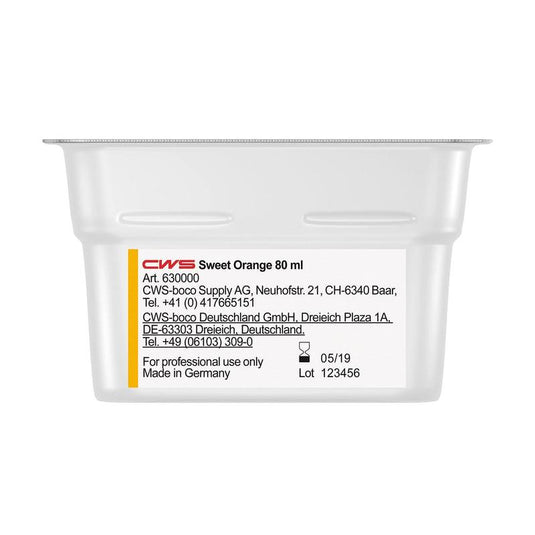 A rectangular 80-ml plastic container labeled "CWS ParadiseLine Restroom Fragrance for the Paradise Air Bar Fragrance Dispenser" by CWS, with the company's contact information, manufacturer details, and usage instructions in black text on a white background.