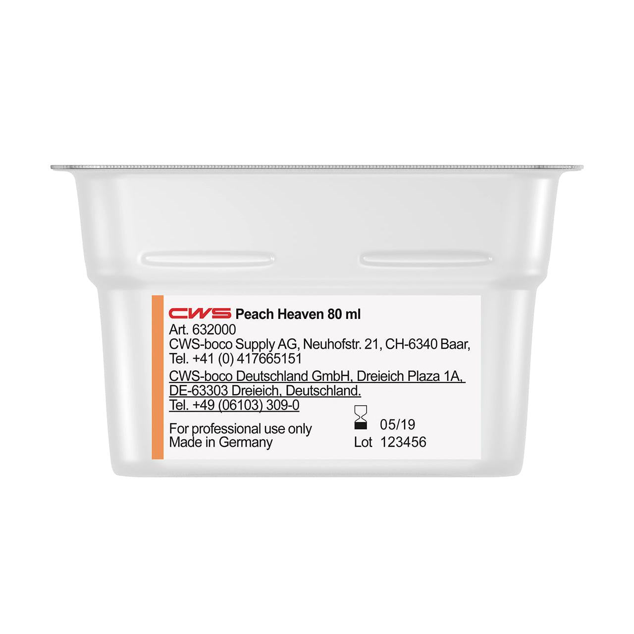 A close-up of a white CWS ParadiseLine Washroom Fragrance container for the Fragrance Dispenser Paradise Air Bar, labeled with product information, company details, "Made in Germany," and a transparent lid. Suitable for washroom fragrance systems.