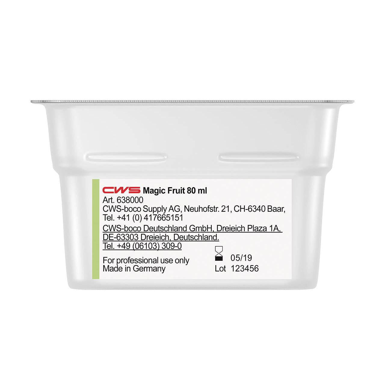 A small, rectangular plastic container labeled "CWS ParadiseLine Washroom Fragrance for Fragrance Dispenser Paradise Air Bar" by CWS, with contact details, manufacturer information, and application instructions on a white side label.