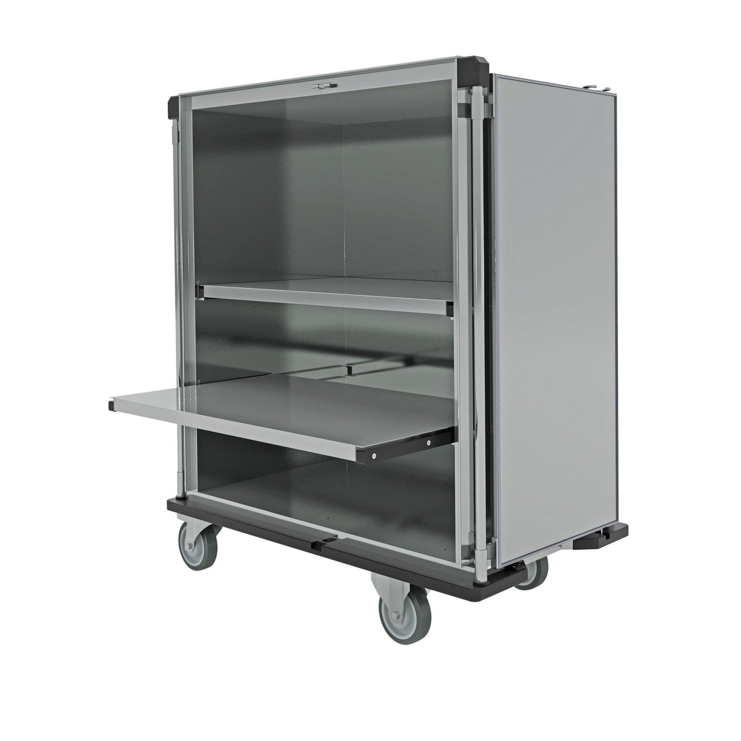 The Novocal sterile goods transport trolley made of satin-finished stainless steel has four wheels, an open front area, a pull-out shelf, an additional inner compartment, and corner protection. Package: 1 piece.