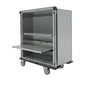 The Novocal sterile goods transport trolley made of satin-finished stainless steel has four wheels, an open front area, a pull-out shelf, an additional inner compartment, and corner protection. Package: 1 piece.