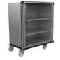 The Novocal sterile goods transport trolley with fixed stainless steel shelves from Novocal features a satin-finished stainless steel housing, two shelves, four large swivel casters, a clear door, and a side handle - ideal for medical sterile goods.