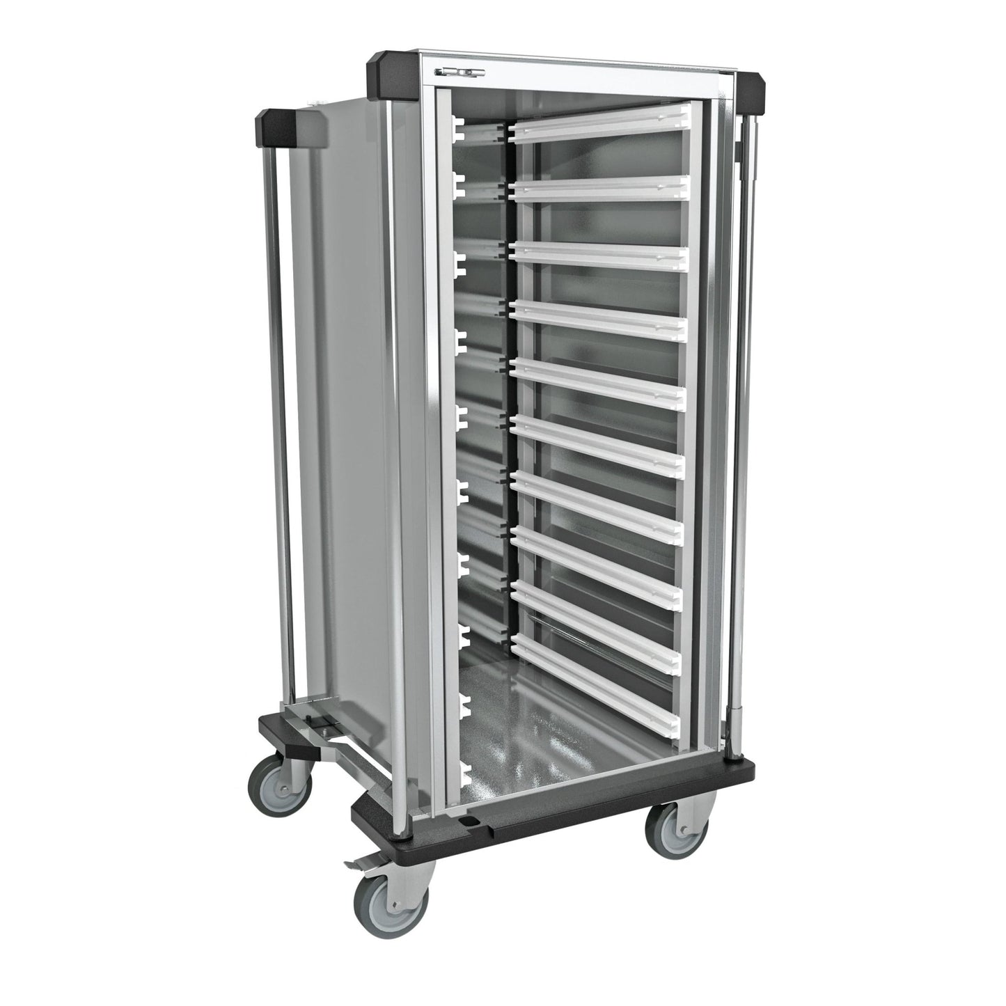 The Novocal sterile goods transport trolley made of satin-finished stainless steel features several support rails for modules, is open on one side, has four swivel castors, and handles on both sides - ideal for flexible storage and easy movement.