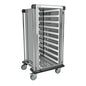 The Novocal sterile goods transport trolley made of satin-finished stainless steel features several support rails for modules, is open on one side, has four swivel castors, and handles on both sides - ideal for flexible storage and easy movement.