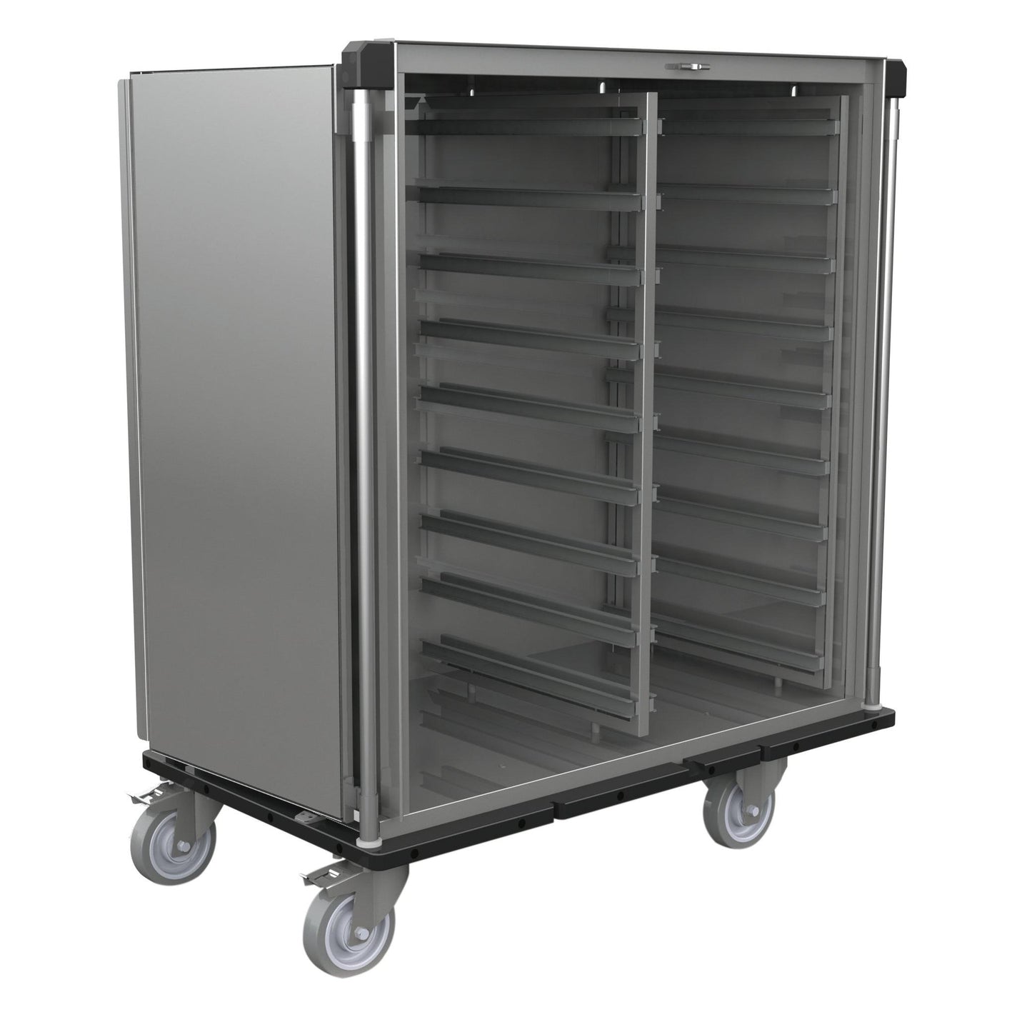 The Novocal sterile goods transport trolley features a housing made of satin-finished stainless steel, several shelf rails for modules, four lockable castors, and an open front for easy tray transport in large kitchens or food service.