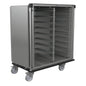The Novocal sterile goods transport trolley features a housing made of satin-finished stainless steel, several shelf rails for modules, four lockable castors, and an open front for easy tray transport in large kitchens or food service.