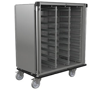 The Novocal sterile goods transport trolley made of satin-finished stainless steel features multiple support rails for modules, four swivel castors, and an open front for easy access to your tablets.