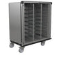 The Novocal sterile goods transport trolley made of satin-finished stainless steel features multiple support rails for modules, four swivel castors, and an open front for easy access to your tablets.