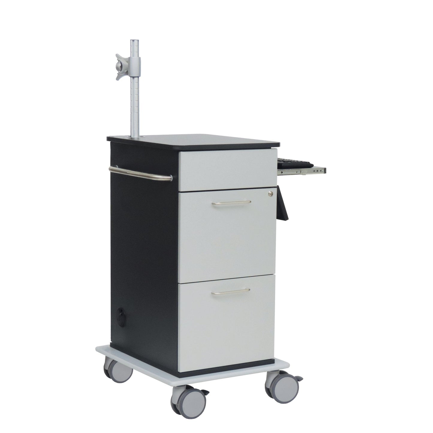 The Novocal computer cart model I is a mobile medical cart in black and white with a right pull-out keyboard tray, mouse compartment, side handle, two drawers, four swivel castors, and a vertical metal bar for accessories. Package: 1 piece.