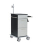 The Novocal computer cart model I is a mobile medical cart in black and white with a right pull-out keyboard tray, mouse compartment, side handle, two drawers, four swivel castors, and a vertical metal bar for accessories. Package: 1 piece.