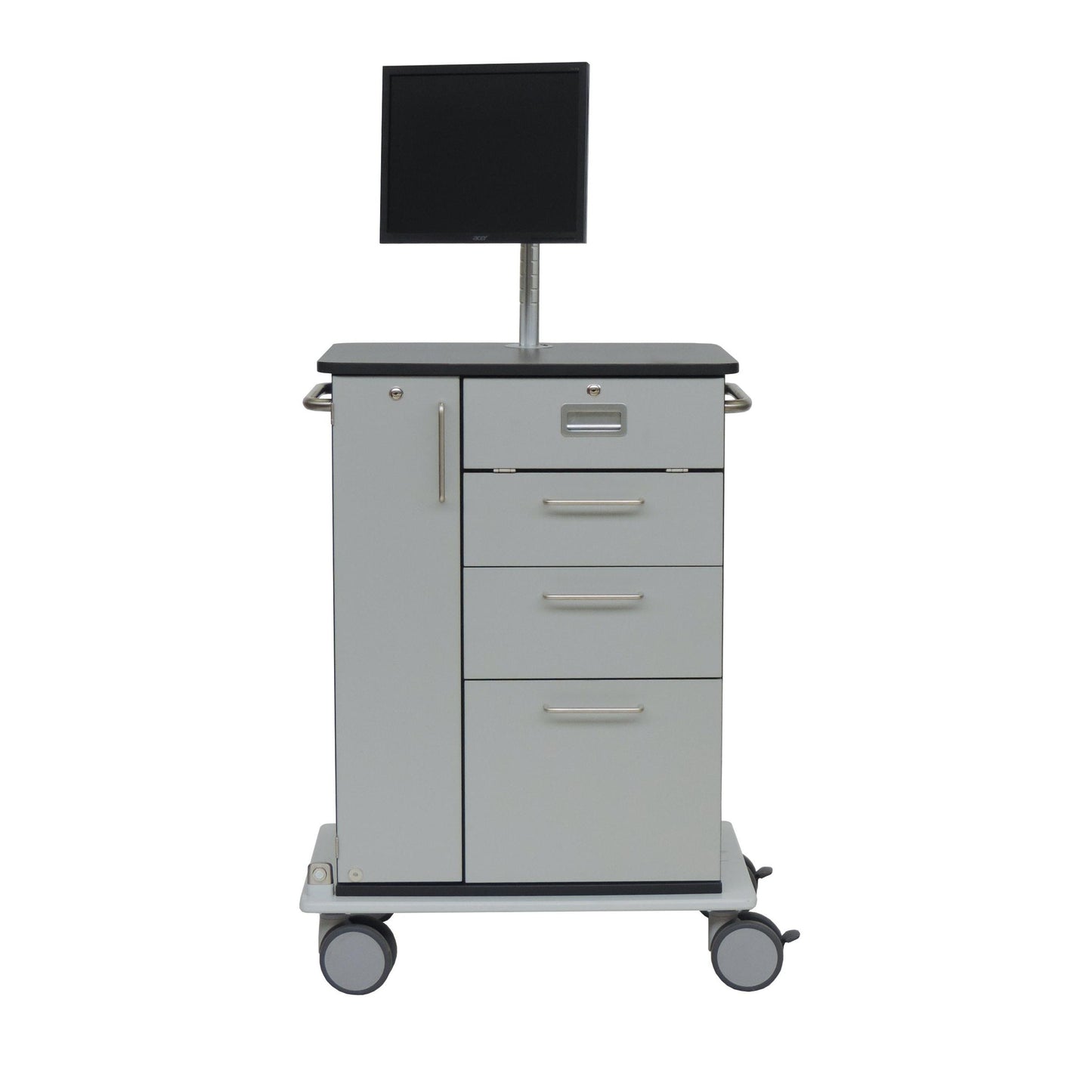The Novocal Computer Trolley Model III features three drawers, a cabinet, metal handles, a flat monitor surface, and a forward-sliding keyboard tray with shell handle - ideal for organizing the computer workstation. Package: 1 piece.