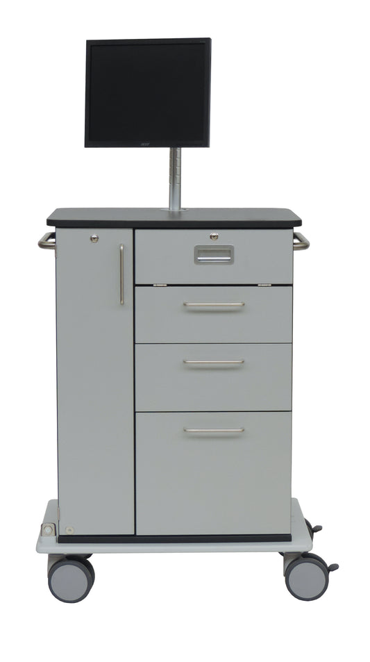 Der Novocal Computerwagen Modell III verfügt über drei Schubladen, einen Schrank, Metallgriffe, eine flache Monitorfläche und einen nach vorne verschiebbaren Tastaturauszug mit Muschelgriff - ideal, um den Computerarbeitsplatz zu organisieren. Packung: 1 Stück.