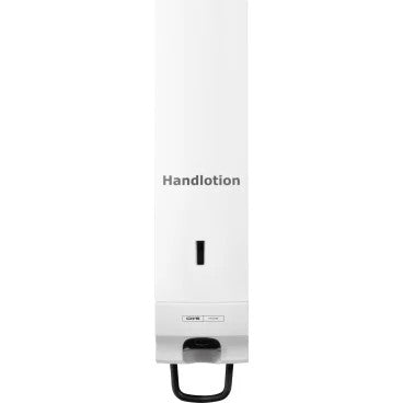 Das CWS Frontpanel für Seifenschaumspender Foam Slim ist ein weißes Wandpanel mit der Aufschrift "Handlotion", das sich durch ein elegantes Design mit einem kleinen Fenster und einem schwarzen Hebel an der Unterseite zur Entnahme auszeichnet.