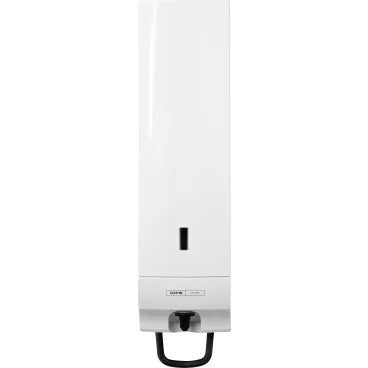Das CWS Frontpanel für Seifenschaumspender Foam Slim Non-Touch ist ein weißes, wandmontiertes Panel mit einem kleinen vertikalen Sichtfenster für den Flüssigkeitsstand und einem schwarzen Druckhebel an der Unterseite.