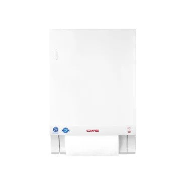 The CWS front panel for the Dry Slim fabric towel dispenser is a white, wall-mounted cover with a simple design and blue/red symbols, ideal for updating your CWS Dry Slim fabric towel dispenser.
