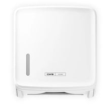 Der CWS PureLine Paper Faltpapierspender (1 Stück) von CWS ist ein weißer, wandmontierter Spender mit rechteckigem Design, kleinem vertikalen Fenster auf der linken Seite und CWS Logo auf der Vorderseite zur hygienischen Papieraufbewahrung.