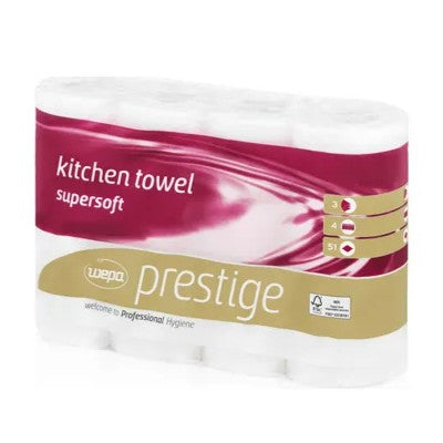 Ein Karton CWS Küchenrollen Prestige 3lagig Hochweiß enthält 32 Packungen mit hochsaugfähigen, hochweißen Küchenrollen in Premium-Verpackung für zusätzliche Saugfähigkeit.