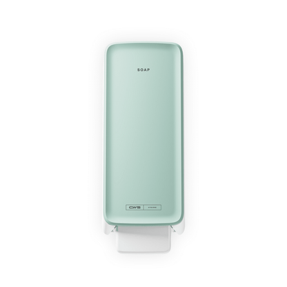 A mint green CWS PureLine Cream soap dispenser by CWS with the inscription "SOAP" on top and a white push lever, shown from above on a white background - ideal for any washroom.