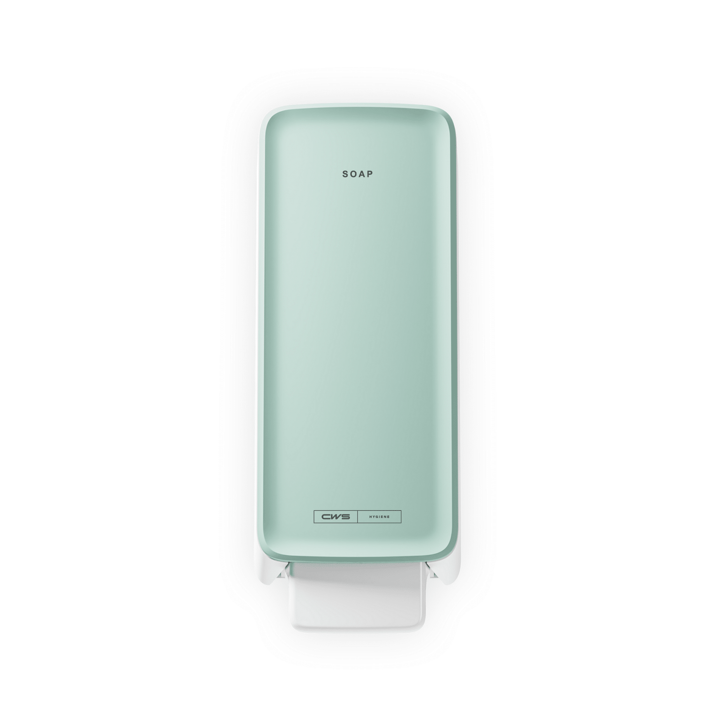 The CWS PureLine Foam soap dispenser is a wall-mounted, rectangular dispenser in light green with the "SOAP" inscription on the front, a white push lever below, and CWS branding near the base - ideal for any washroom.