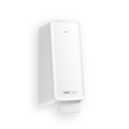 A white, rectangular CWS PureLine Foam soap dispenser by CWS is mounted on the wall with a push lever at the bottom, "SOAP" printed on top, and a label near the base - perfect for any washroom with a simple white background.