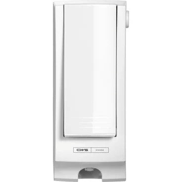 Der CWS Frontpanel für Paradise Seatcleaner ist ein weißer, rechteckiger, wandmontierter Spender mit Druckhebel und kleiner Spenderöffnung, der für die Toilettenhygiene entwickelt wurde und ideal für die Verwendung mit Paradise Seatcleaner Produkten ist.