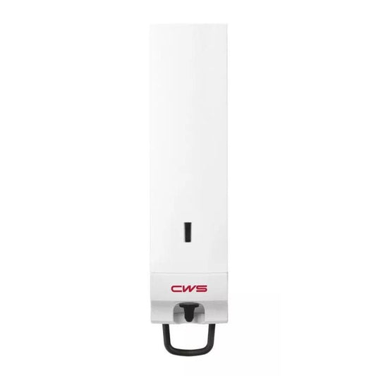 Der CWS Panel weiß für - Handlotionsspender ParadiseLine | 1 Stück ist ein weißer, rechteckiger Wandspender mit schwarzem Sichtfenster und rotem Schriftzug "CWS" auf der Vorderseite sowie einem schwarzen Hebel für die einfache Nutzung im öffentlichen Raum.