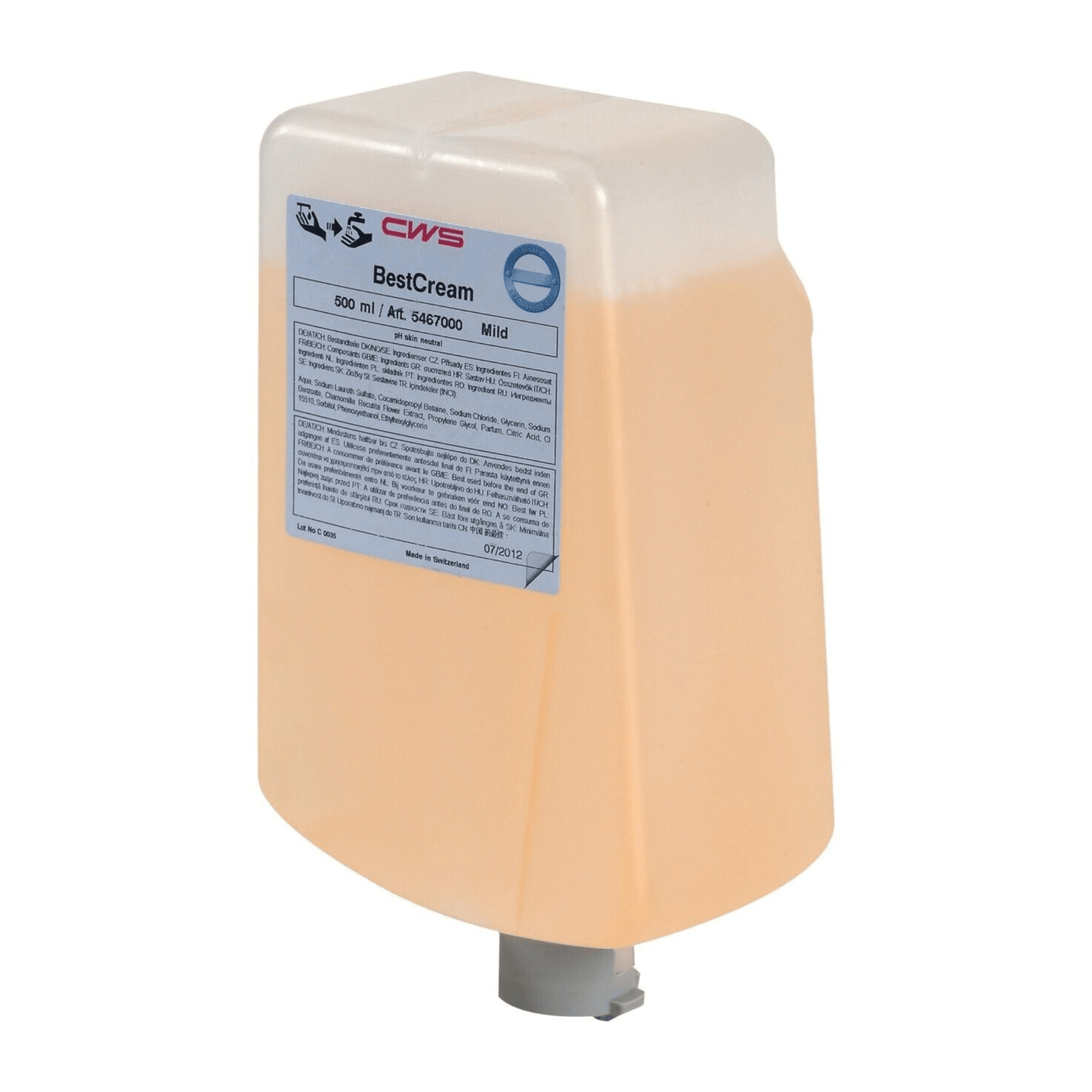The CWS soap cream BestCream Mild is delivered in a 500 ml refill pack for easy refilling, with a practical dosing nozzle at the bottom and a clear label for instructions and product details.