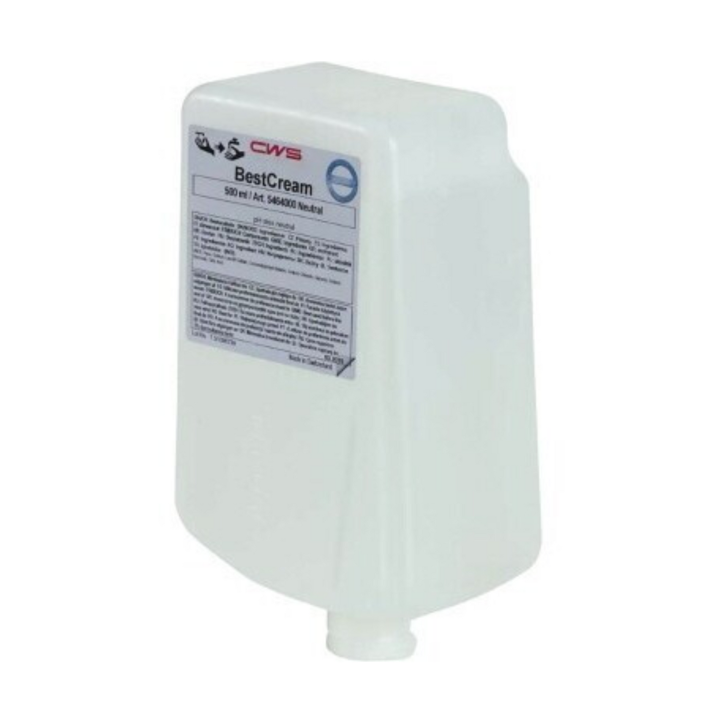 White, rectangular 500-ml bottle of CWS soap cream BestCream Neutral refill pack soap with front label and bottom spout, intended for dispensing cream or lotion.