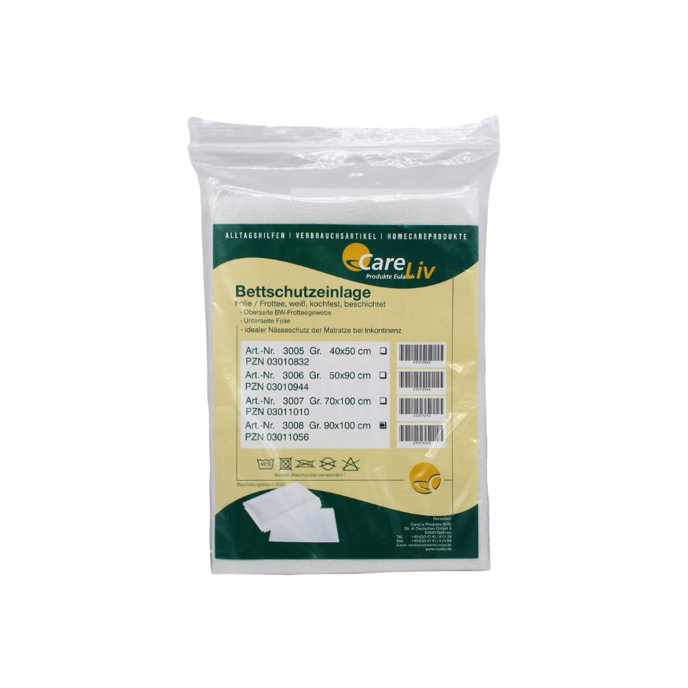 A sealed CareLiv mattress protector, 90 x 100 cm, foil/terry (white), by CareLiv Produkte OHG for incontinence, with product information and article numbers on a yellow-white German label. The package contains 1 piece.
