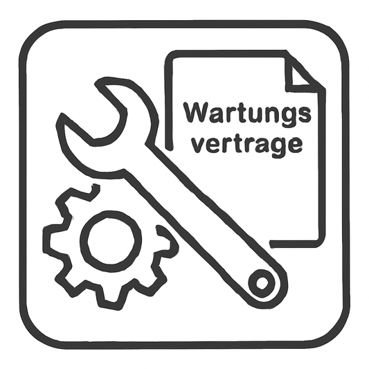 Ein schwarz-weißes Symbol mit einem Schraubenschlüssel, einem Zahnrad und einem Dokument mit der Aufschrift "Wartungsverträge" symbolisiert den TASKI Ultimaxx 2900 Full Service Gel Wartungsvertrag von Diversey Deutschland, der Reparaturen, Ersatzteile und Gel-Batterien umfasst (1 Stück).