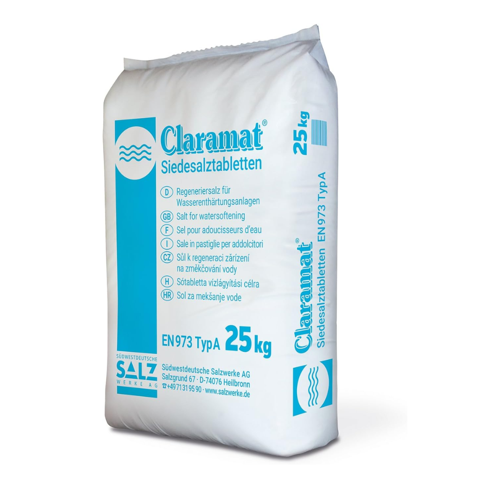 Shown is the 25 kg bag of Claramat® salt tablets regenerating salt from Südwestdeutsche Salzwerke AG. The packaging is predominantly white with blue text and trademarks, highlighting the properties and applications of the product, such as water softening in ion exchange systems and salt regeneration.